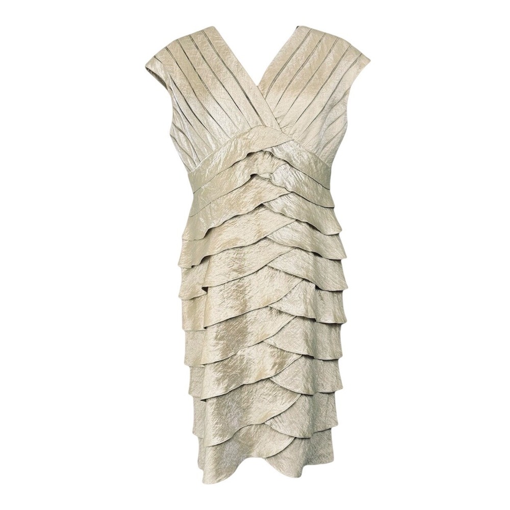 Adriana Papell Knee Dress 14 Champagne Gold Iridescent Tiered Cap Sleeve V-Neck